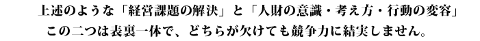 上述のような「経営課題の解決」と「人財の意識・考え方・行動の変容」この二つは表裏一体で、どちらが欠けても企業の競争力に結実しません。